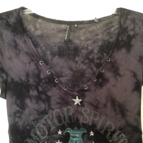 Affliction Black Premium V Neck Mini Dress Studs Rivets Stars - Picture 3 of 12